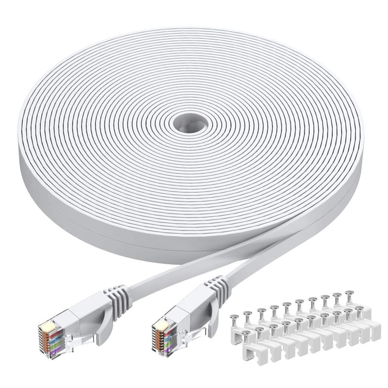 BUSOHE Cat6 Ethernet Cable 30 FT White, Cat-6 Flat RJ45 Computer Internet LAN Network Ethernet Patch Cable Cord - 30 Feet - Image 1